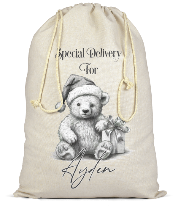 Personalised Special Delivery Teddy Drawstring Christmas Sack